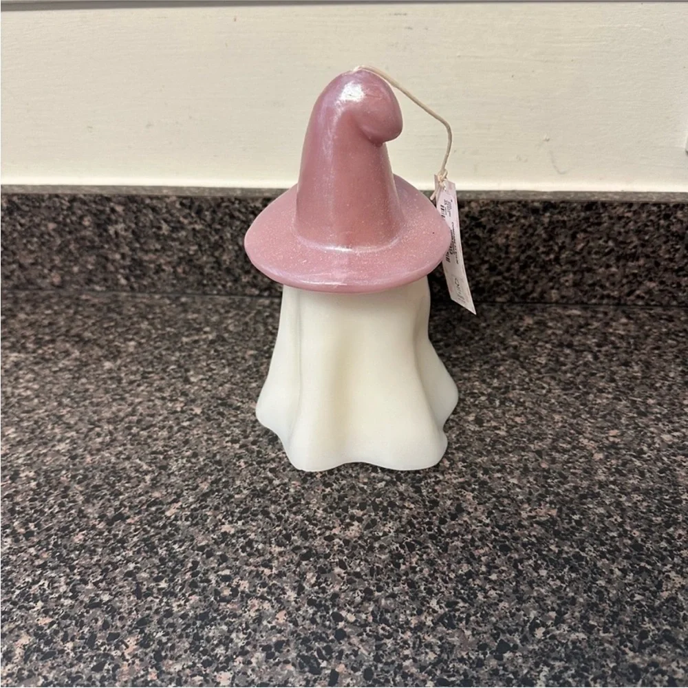 Cupcakes and Cashmere Halloween Ghost Candle with Pink Witch Hat